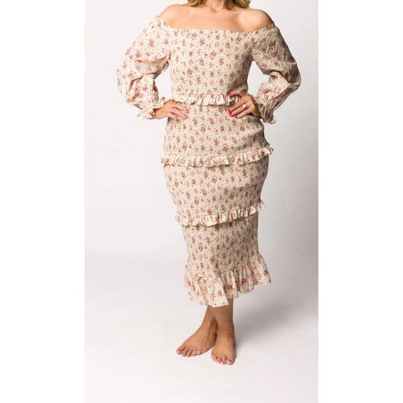 Worth Collective Lila Floral Printed Smocked Midi Dress in Pink Bump Friendly S - Picture 1 of 6